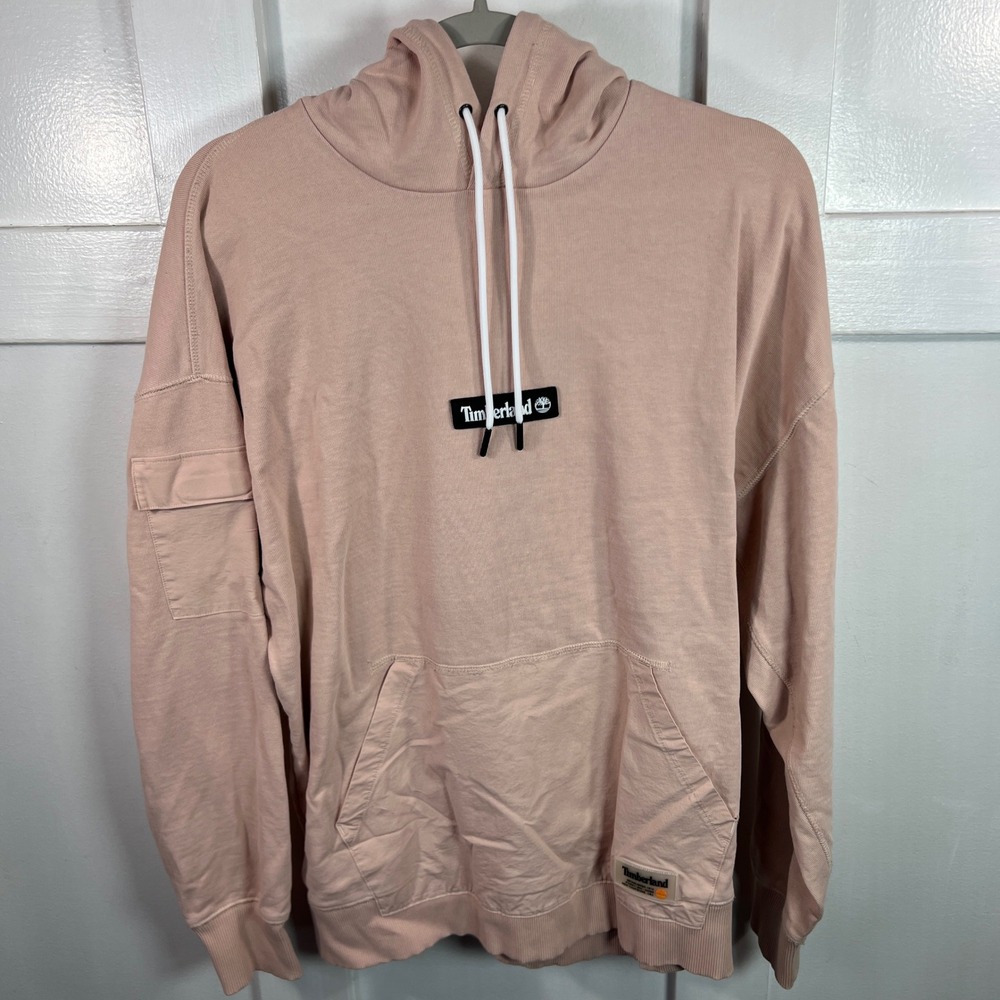 Timberland Mens Relaxed Fit Cargo Pocket Hoodie Pink Graphic Sweatshirt Medium